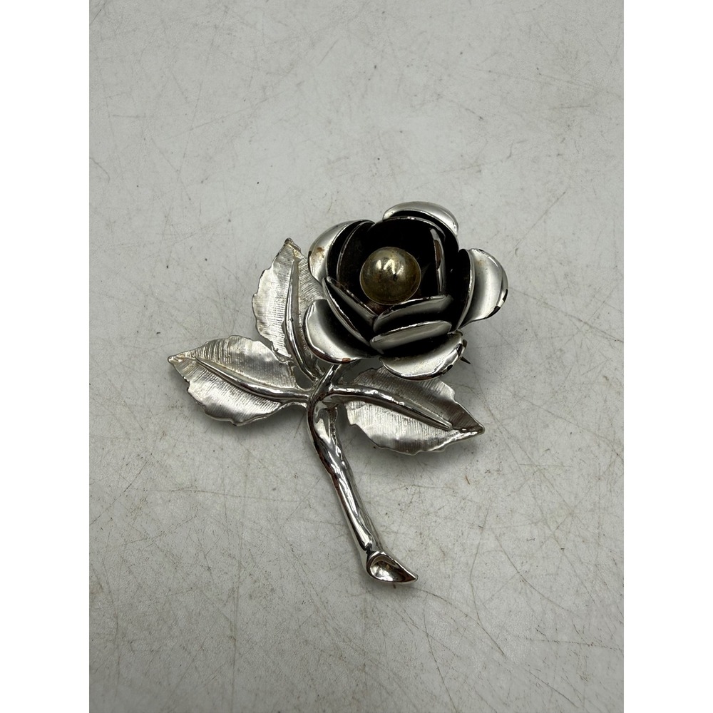 Vintage Silver Tone Rose Flower Brooch Pin Faux Pearl Center Textured Leaves